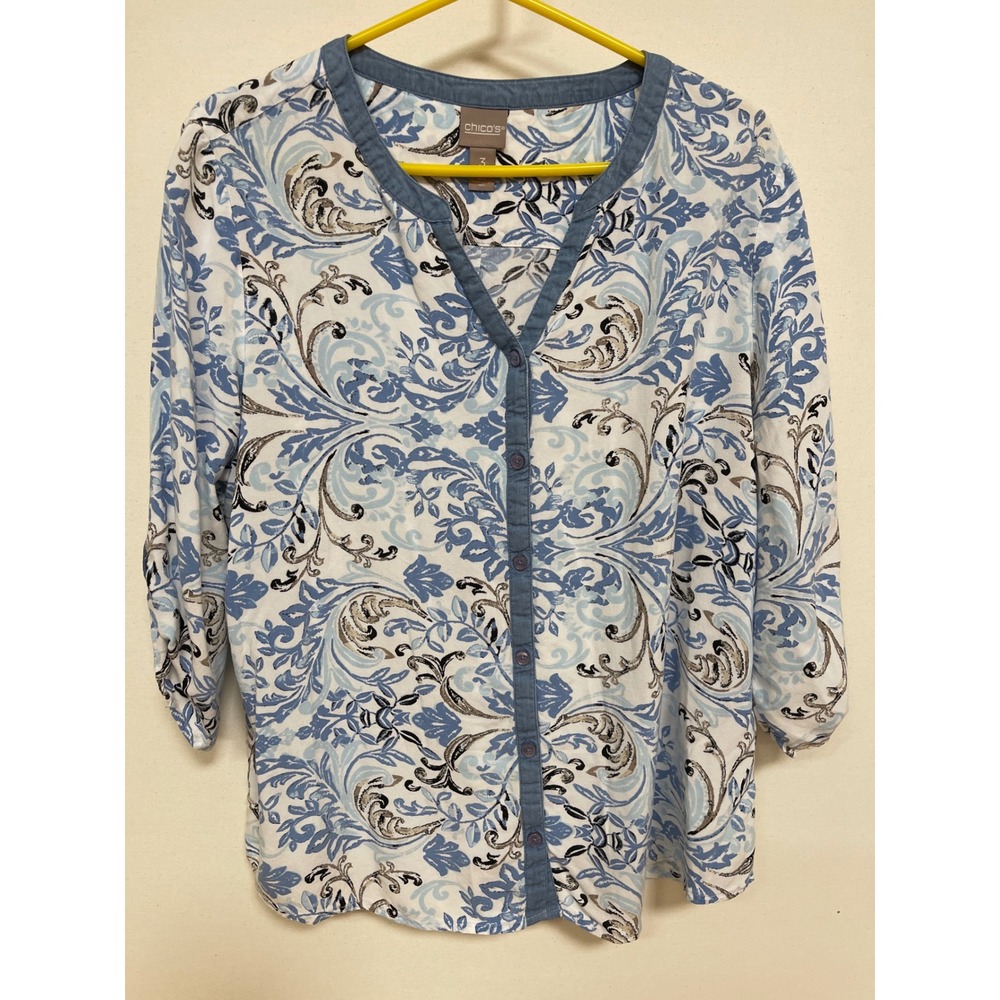 Chicos Blue White Scroll Damask Button Up Blouse 3/4 Sleeve Size 3 XL